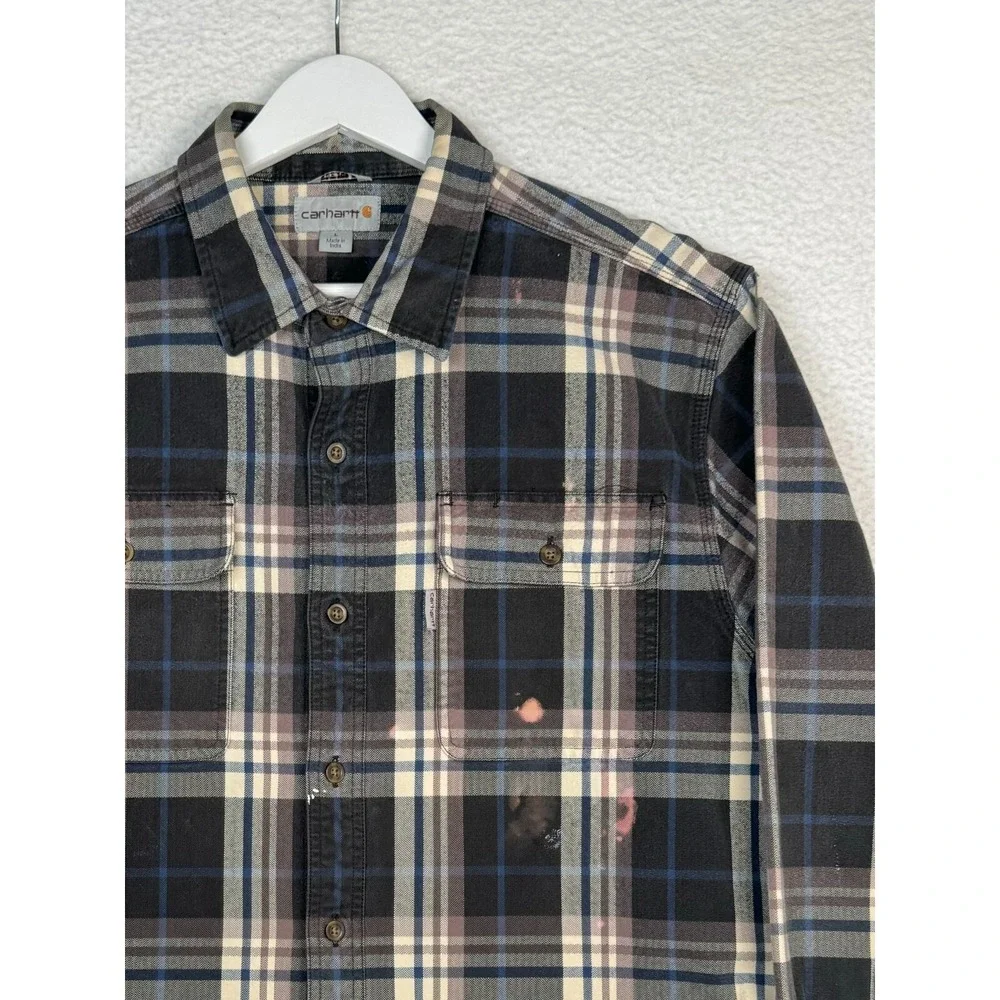 Carhartt Flannel Button Up Plaid Shirt - Men's L - Faded Distressed- Black Brown